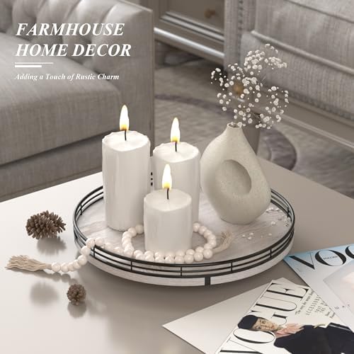 AMH 12-Inch Whitewashed Farmhouse Lazy Susan Tray with Black Metal Frame