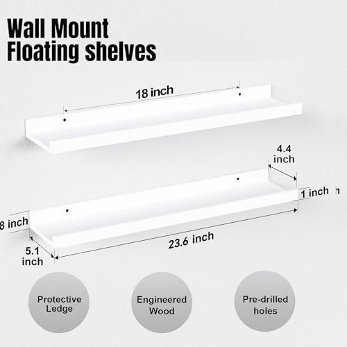 Boswillon Floating Shelves Set of 2, Long Wall Shelf with Lip, 24in, White