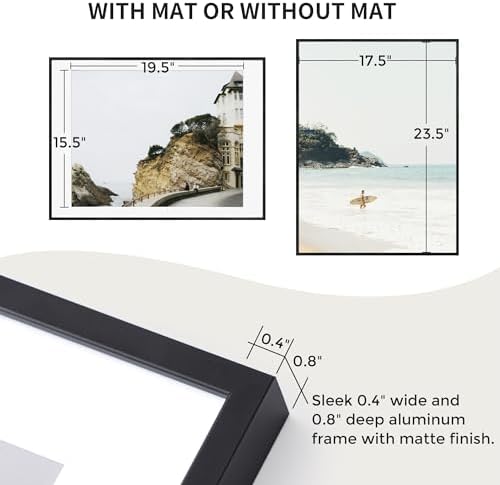 Fun Memories 18x24 Aluminum Poster Frame, 18 x 24 inch Metal Picture Frames with Real Glass Front, Displays 16x20 Photos with Mat or 18x24 Images without Mat - Black - Set of 2