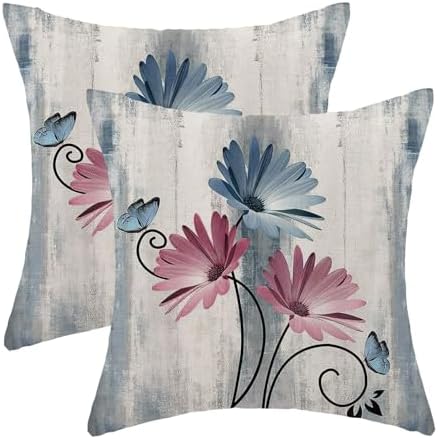 Blue Pink Floral Pillow Covers 18 x 18 Inch Set of 2 Daisy Floral Butterfly Decorative Throw Pillow Covers Linen Rustic Farmhouse Cushion Cases for Home Sofa Couch Living Room Decor