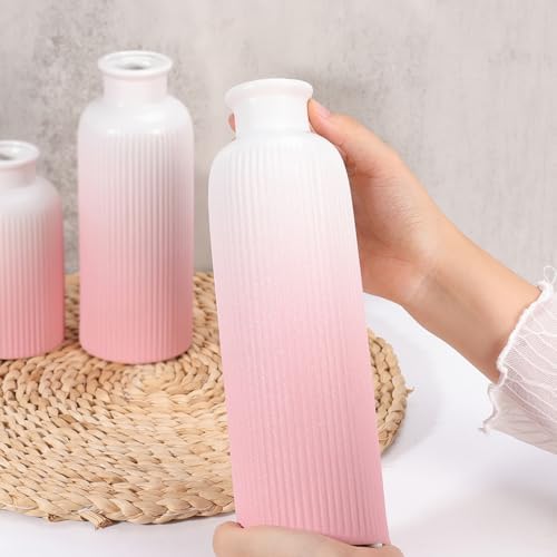 Small Gradient Pink Ceramic Vase Set of 3, Boho Modern Flower Vase Room Decor, Farmhouse Decor, Vases for Your Kitchen, Bathroom, Bedroom, Living Room, Office&Shelf Centerpiece Table Decorations