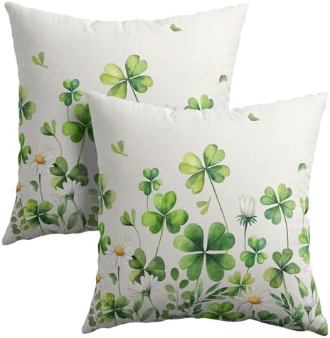 Saint Patrick Day Throw Pillow Covers Lucky Clover Shamrocks Daisy Floral Pillowcase 16x16in Set of 2 Spring St. Patrick's Day Holiday Decorative Cotton-Linen Square Cushion Cases for Home Couch Bed