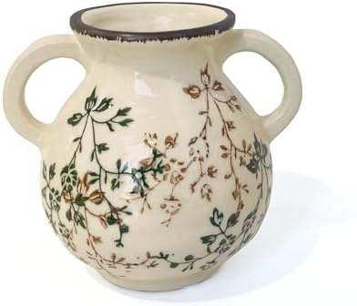 LIFFY Vintage Pastoral Vase with Handles, Retro Ceramic Flower Vase, Green and Beige Rustic Farmhouse Vases Chinoiserie Floral Large Vase for Home Decor, Living Room, Kitchen, Bedroom 6.3 Inch