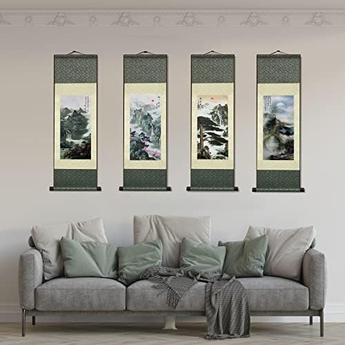 AtfArt 4 Pack Asian Wall Decor Silk Scroll Wall Art - Waterfall River Landscape - Beautiful Oriental Decor - Chinese Art Wall Scroll Hanging (4 Pack)