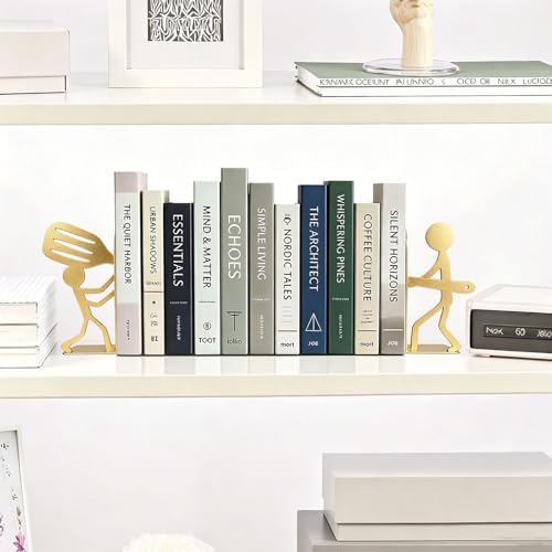 ENCIMART People Gold Bookends Decorative Metal Book Ends for Shelves