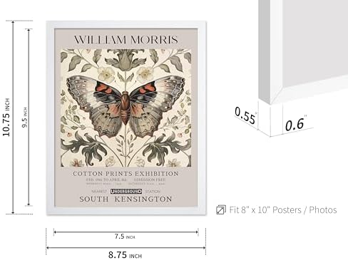 Poster Master William Morris Poster - Butterfly Print - Moth Illustration - Botanical Art - Flower Art - Exhibition Illustration - Animal Illustration - Floral Painting - Aesthetic Office or Bedroom Decor - 8x10 White Framed