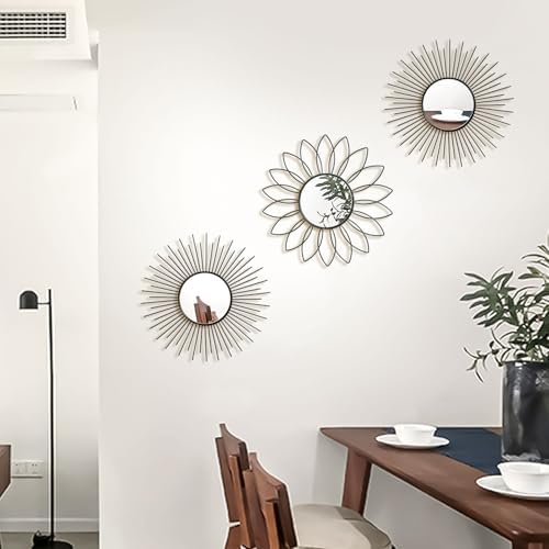 3 Pack Metal Mirrors for Wall Sunburst Wall Mirrors Home Décor Decorative Hanging Wall Art for Living Room Bedroom Entryway (Black2, Flower+Sunburst)