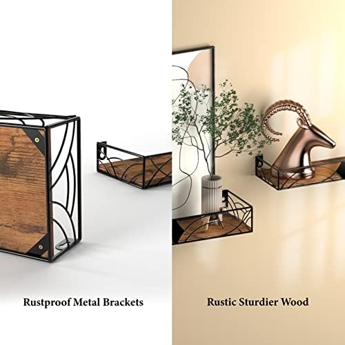HORLIMER Floating Shelves for Wall Set of 2, Wooden Wall Shelves with Bars, Rustic Wall Mounted Shelves for Kitchen, Bathroom, Bedroom, Living Room, Rhombic Style