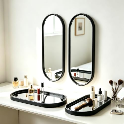 3 pcs Wall Mirrors and Tray Décor Set, Cute Vanity Mirrors with Black Frame, Bathroom Decor for Bedroom, Entryway, Living Room Farmhouse Decor (12”x4,7”)