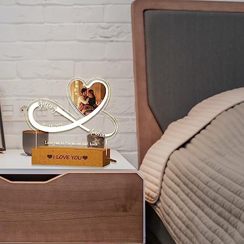Personalized Photo Acrylic Sign Plaque Gifts for Anniversary Valentines Birthday Customizable LED Night Light Wooden Base Lamps Desk Bedroom Decor Signs