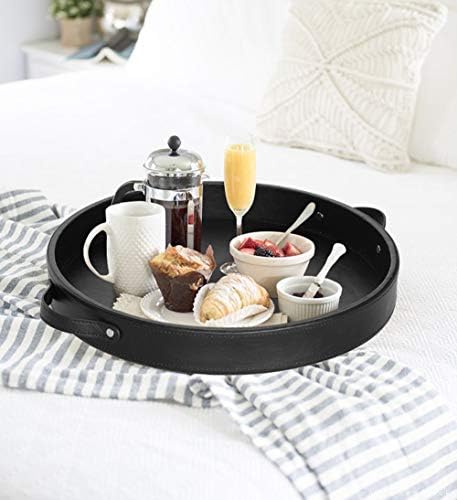 HofferRuffer PU Leather Round Serving Tray with Handles, Decorative Catchall Vanity Coffee Tray, Faux Leather Ottoman Tray for Home Or Office, Diameter 14.6-inch (Black)