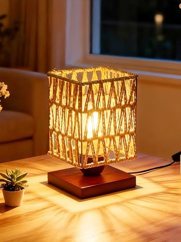 Boho Rattan Lamp for Bedroom,Small LED Bamboo Woven Lamps for Living Room