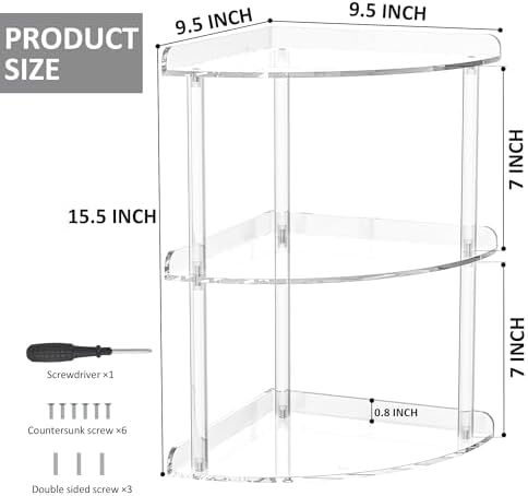 Sezanrpt 3 Tier Acrylic Corner Shelf Organizer Storage 9.5x9.5x15.7 Inch, Transparent Countertop Corner Shelf for Bathroom, Kitchen, Bedroom, Office, Study Room