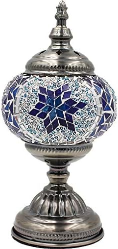 SILVERFEVER Handcrafted Mosaic Turkish Lamp -Moroccan Glass - Table Desk Bedside Light- Bronze Base (Blue Star of David)