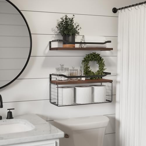 WOPITUES Floating Shelves with Wire Storage Basket, Bathroom Shelves Over Toilet with Protective Metal Guardrail, Wood Wall Shelves for Bathroom, Bedroom, Living Room, Toilet Paper- Dark Brown