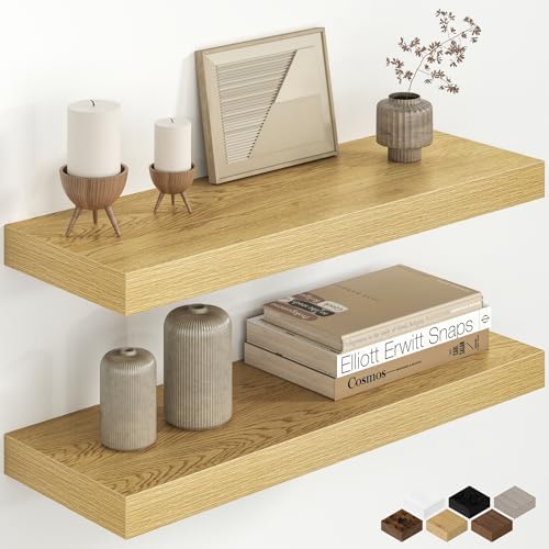 22.5 Inch Floating Shelves for Wall, Rustic Wood Wall Mounted Deep Storage Shelves with Invisible Brackets, Large Decorative Display Ledge for Living Room Bathroom and Kitchen, Set of 2, Oak