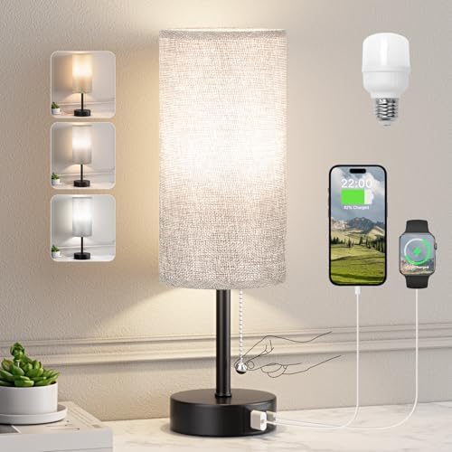 Grey Bedside Lamp for Bedroom Nightstand - Small Table Lamp with USB Ports