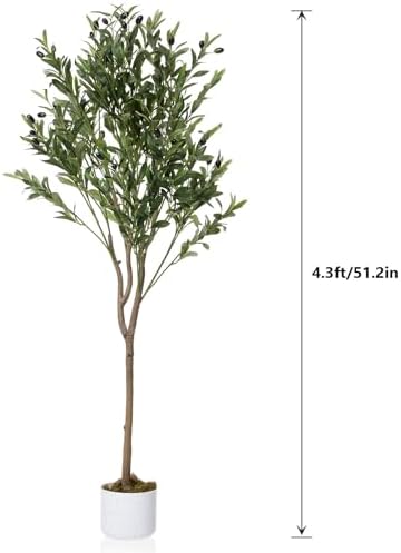 4.3FT Artificial Olive Tree with Lifelike Leaves & 44 Fruits, Faux Olive Tree in Pot, Evergreen Fake Plants Artificial Plants Indoor for Office Outdoor Modern Farmhouse Decor