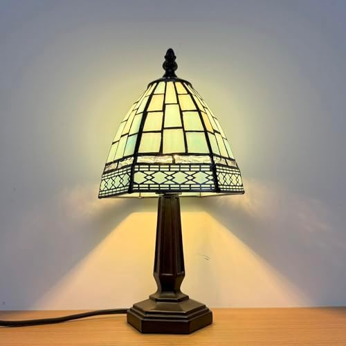 Small Tiffany Style Table Lamp,3 Color Temperature Grid Blue Stained Glass Table Lamps,Bedside Nightstand Night Light for Bedroom,Living Room, Dining Room W/LED Bulb,6X6X13Inch