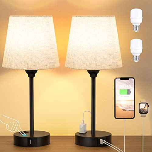 Grey Bedside Lamps Set 2 for Bedroom - Dimmable Touch, USB C+A, AC Outlet