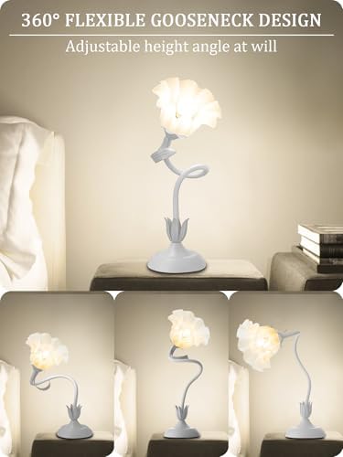 Flower Table Lamp,LED Reading Light Bedside Vintage Night Light(White)