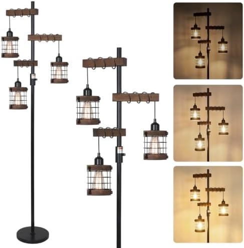 Vintage Floor Lamp with Wooden Lampshade, Dimmable Floor Lamps for Living Room, Industrial Standing Lamp Black Corner Light, Rustic Tall Lamp for Bedroom Office Nursery