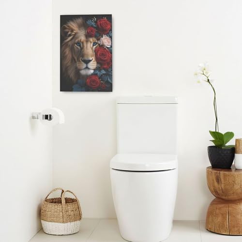 Crekviy Lion Wall Art Lion Pictures Wall Decor Red Rose Canvas Prints Painting Artwork Decoration for Office Bathroom Bedroom Living Room Framed Gifts 16"x24"