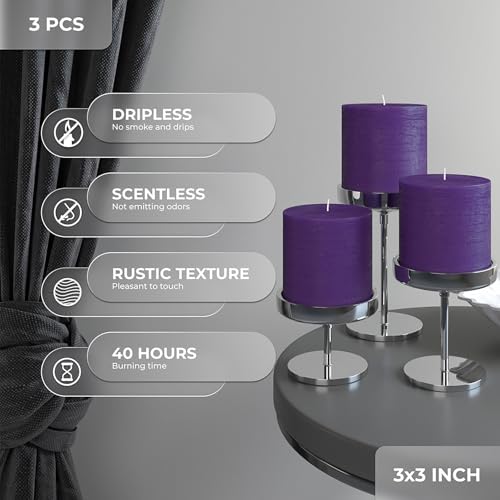 CANDWAX 3x3 Pillar Candles Set of 3 - Rustic Unscented No Drip Purple Candles for Home Decor, Weddings, Centerpieces