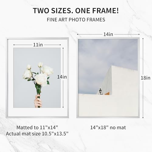 14x18 Metal Picture Frame with 11x14 Mat, Brushed Aluminum Finish, Attached Hanging Hardware, and Tempered Glass Front - Versatile Vertical or Horizontal Wall Display Frames Set of 1 - Silver