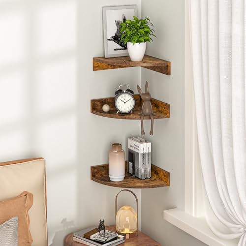 Fun Memories Corner Shelf Wall Mount, Wood Floating Corner Shelves, Corner Wall Shelf for Bedroom, Bathroom, Kitchen, Living Room (Brown, 3 Pack)
