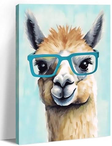 Large Alpaca Canvas Wall Art Nursery Wall Decor Funny Animals Wearing Glasses Pictures Prints Cute Camel Painting Framed Artwork for Living Room Bedroom Bathroom Home Decoration - 28.00"x42.00"