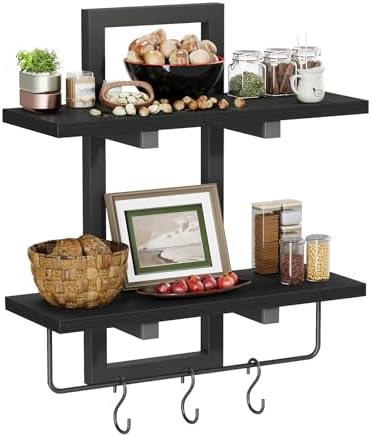 Creso hom Wood Floating Shelf with 6 Hooks, 15" Bathroom Shelves Set of 2
