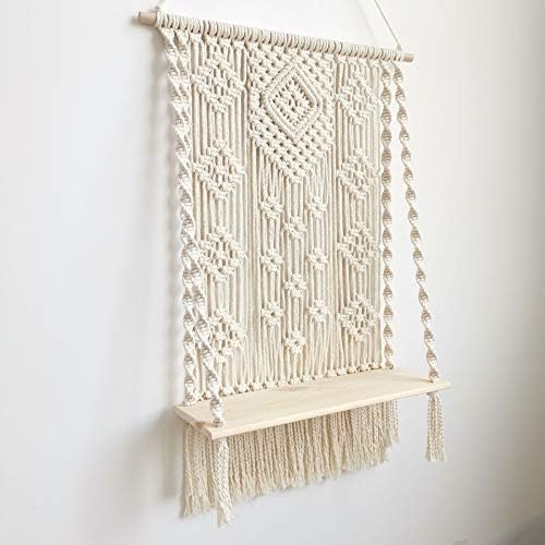 Macrame Wall Hanging Shelf, Boho Decorative Floating Plants Swing Hanging Shelf Wooden Storage Hanger, Handmade Cotton Rope Woven Home Wall Decor