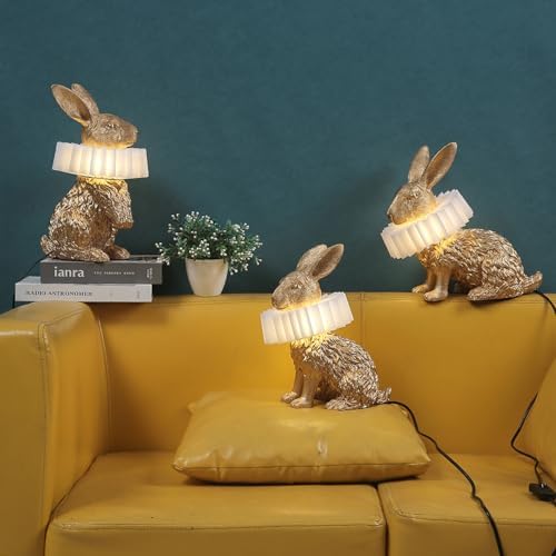 Gold Scarf Bunny Lamp,Resin Crafted Sitting Rabbit Table Lamp,White Pleated PC Lampshade,USB Powered LED Nightstand Lamp,Cute Home Decor & Kids Bedroom Nursery Light