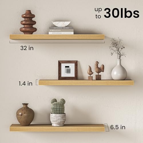 32 Inch Floating Shelves for Wall, Rustic Wood Wall Mounted Deep Storage Shelves with Invisible Brackets, Large Decorative Display Ledge for Living Room Bedroom Bathroom and Kitchen, Set of 2, Oak