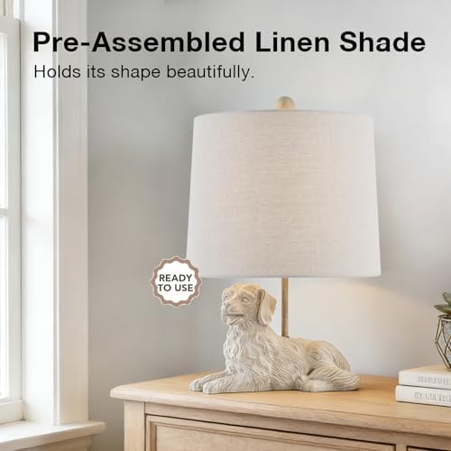 18.5" Distressed White Retriever Dog Table Lamp, Oatmeal Hardback Shade