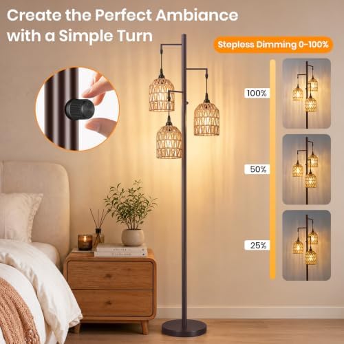 70’’ Tall Floor Lamp for Living Room, 3-Light Rattan Standing Lamp, Brown