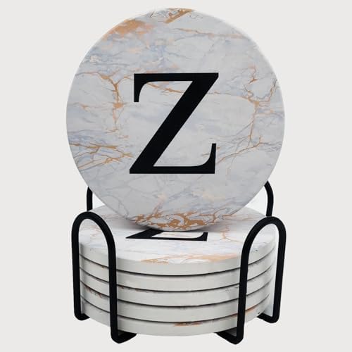 Monogrammed Coasters for Drinks Absorbents with Holder, Set of 6 Ceramic Drink Coasters for Coffee Table,Personalized Coasters Customizable with Name,Initial Letter Z