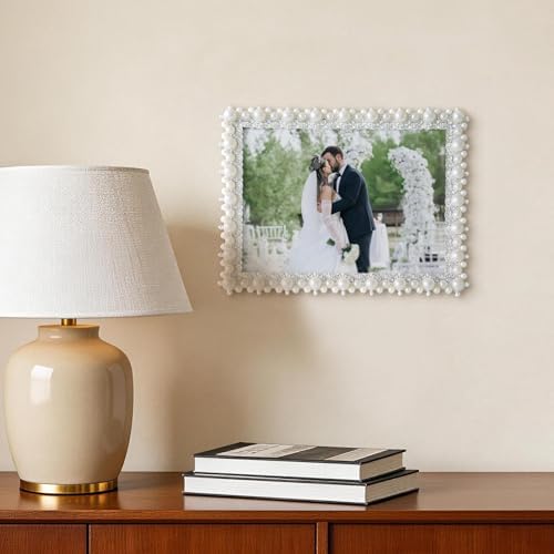 DIKAR 6x8 Wedding Picture Frame, Pearl Photo Frame with HD Acrylic Glass and Metal Frame of Large Pearls & Small Diamonds All Around, for Tabletop or Wall Display Perfect Gifts for Wedding and Anniversary