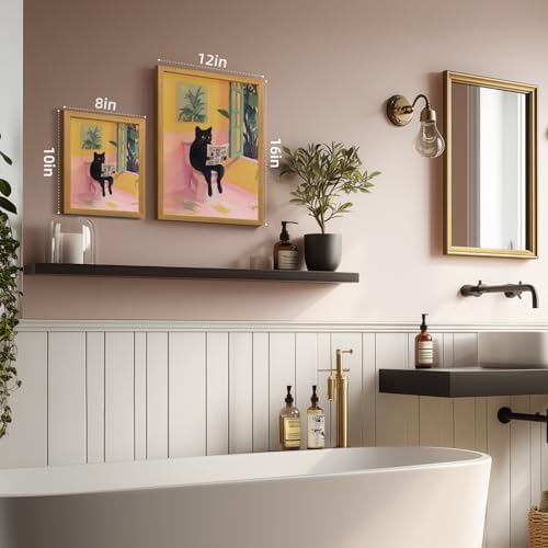 Cyebmo Funny Bathroom Wall Art, Cute Black Cat Sitting on Toilet Reading Newspaper Wall Decor, Whimsical Pink Abstract Animal Canvas Artwork for Bathroom Kid's Restroom Bedroom Wood Framed 8x10 Inch
