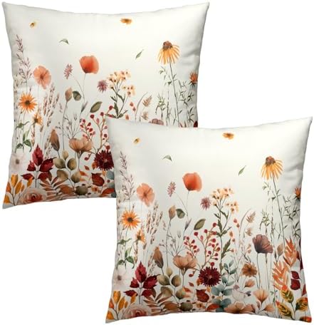 Fall Floral Throw Pillow Covers 18x18inch Set of 2 Autumn Flowers Harvest Pillowcase Wildflower Thanksgiving Farmhouse Seasonal Decorative Cushion Cases for Home Sofa Patio