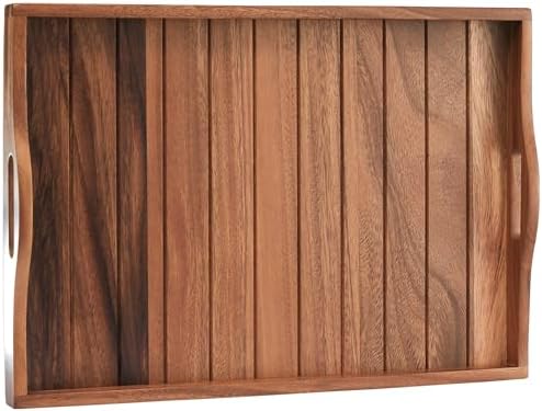 Large Acacia Wooden Serving Tray with Handles 20 x 14 inch Decorative Coffee Table Ottoman Tray for Living Room Extra Large for Kitchen Dinner Food Bar Breakfast in Bed (Color Natural)