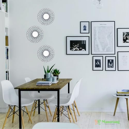Black Mirrors 3 Piece,Sunburst Mirror Hanging Wall Decor,9inch indoor Adorn | Indoor Mirrors Wall Art, Rhinestone Round Mirror for Bedroom, drawing room, Kitchen, House Warming Festival Gifts Decorate