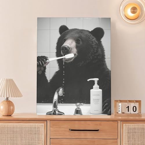 Crekviy Funny Black Bear Bathroom Decor Wall Art Bear Pictures Cute Animal Canvas Prints Painting Artwork Home Decorations Framed Gifts 12"x16"