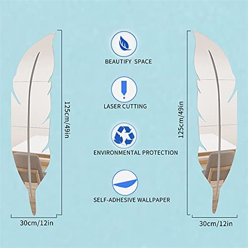 2 Pcs 3D Acrylic Mirror Wall Decor Stickers, Silver Feather Shaped Set DIY Self-Adhesive Wall Art Decals, Home Decorations for Home Living Room Bedroom Bathroom (12 x 49 Inches)