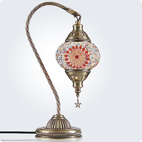 Yarra-Decor Turkish Moroccan Lamp with Bronze Base 3 Color Options Handmade Swan Neck Mosaic Glass Bedside Lamps for Bedroom (LED Bulb Included)(Orange1)