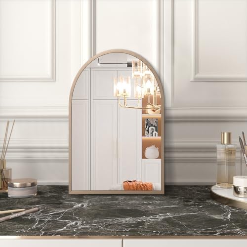 Arched Wall Mirror Aluminum Alloy Frame Bathroom Mirror Brushed Metal Vanity Wall Mounted Mirror for LivingRoom Bedroom Entryway Room Home Decor Brass 16"x12"