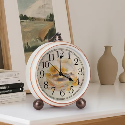 Classic Vintage Table Clock - 5.2in Analog Desk Clock, Silent Non-Ticking Clock with Distressed Metal Frame for Office, Living Room or Bedroom (Turntable)