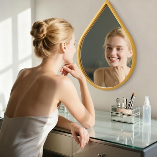 Teardrop Wall Mirror Gold Metal Framed Decorative Mirror Unique Shaped Modern Wall-Mounted Entryway Hallway Bathroom Living Room Vanity Mirror 16 x20 Inches