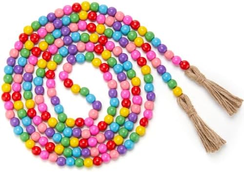 Equsion Rustic Wood Bead Garland with Tassel Farmhouse,Candy Colors